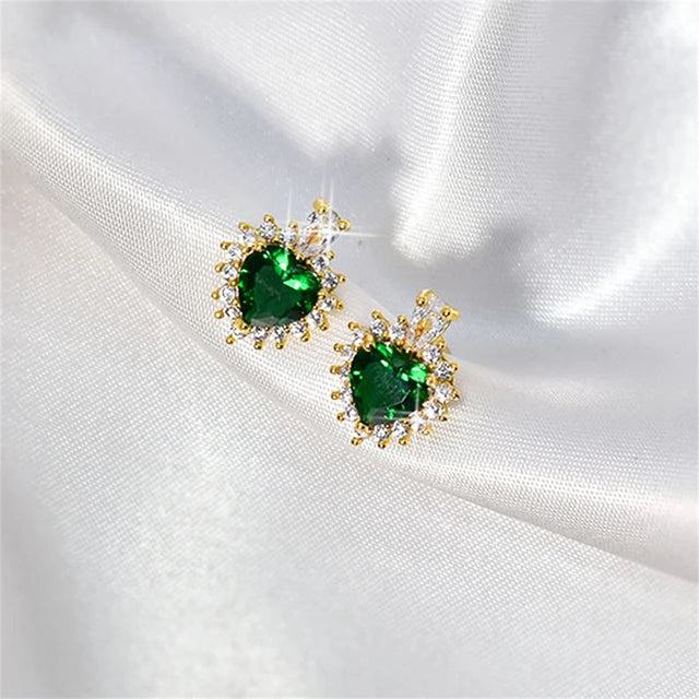 Aretes en Forma de Corazón con Circones Verdes y Blancos