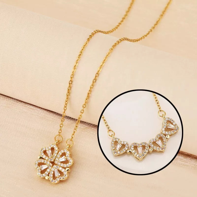 Collar Convertible Trébol A Corazones Bañado Oro Circones