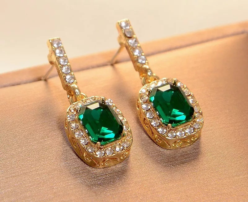 Pendientes Lujo Circones Verde y Blancas Rectangular Estilo Reyes